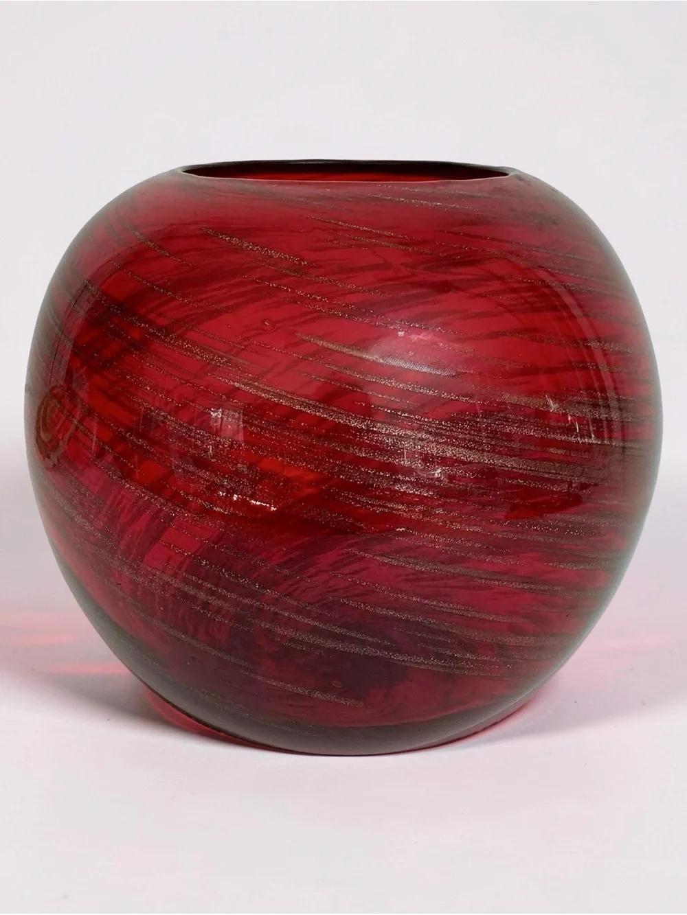 Red Glass Bubble Vase with Gold Swirl Hand Blown 6” Tall